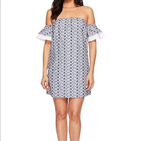 CeCe NWT Rosanna Embroidered Off Shoulder Dress Blue and White size 10 - Picture 1 of 12